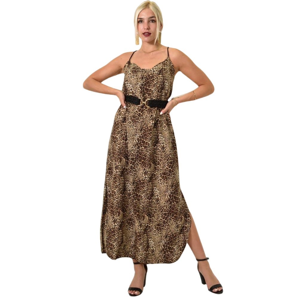 Midi φόρεμα με λεπτές τιράντες animal print Καφέ 24930