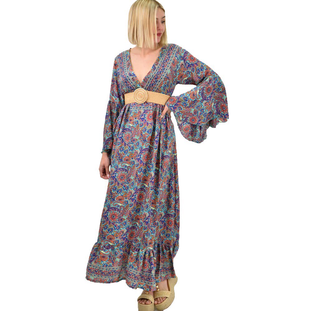 Γυναικείο μεταξωτό boho φόρεμα με τσέπες χωρίς ζώνη Μπλε 19423