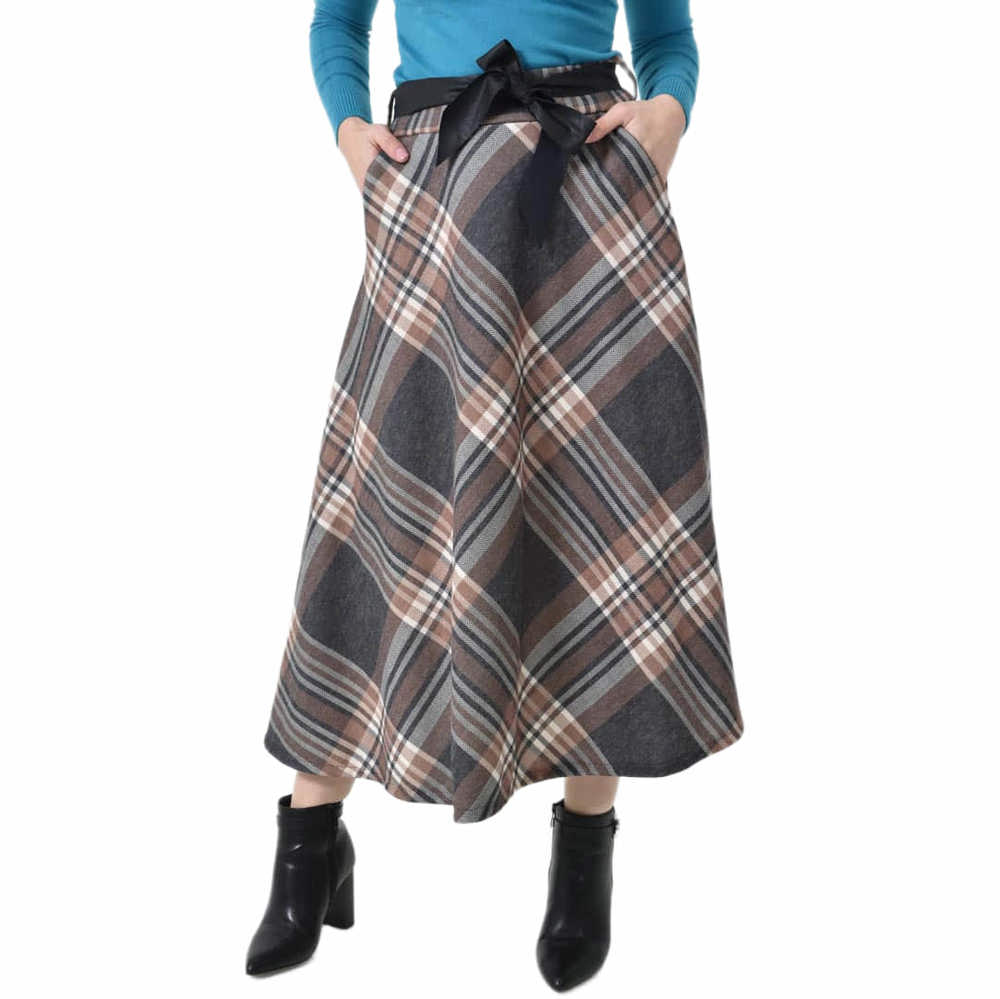 Ψηλόμεση Midi Καρό Φούστα με Λάστιχο, Τσέπες & Ζώνη Ανθρακί 27229