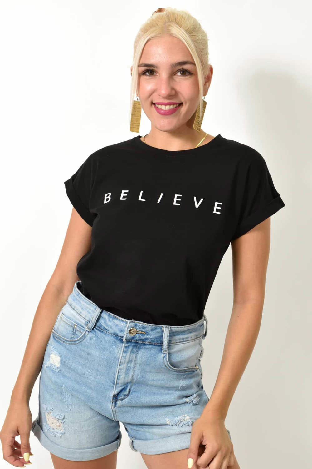 T-shirt με τύπωμα BELIEVE Μαύρο 25599 φωτογραφία