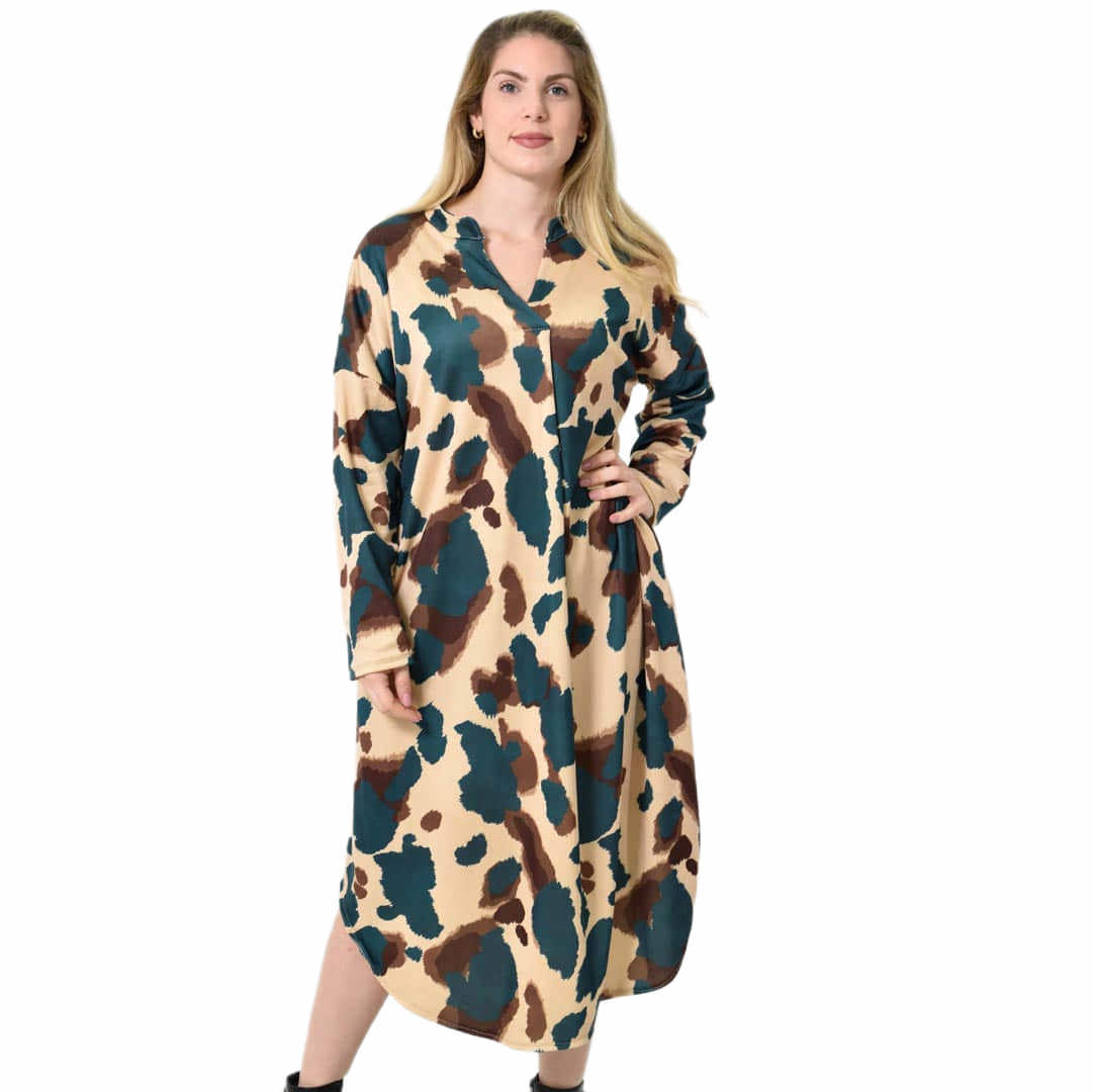 Midi Σεμιζιέ Φόρεμα Abstract Animal Print - Άνετη Γραμμή Πετρόλ 27285