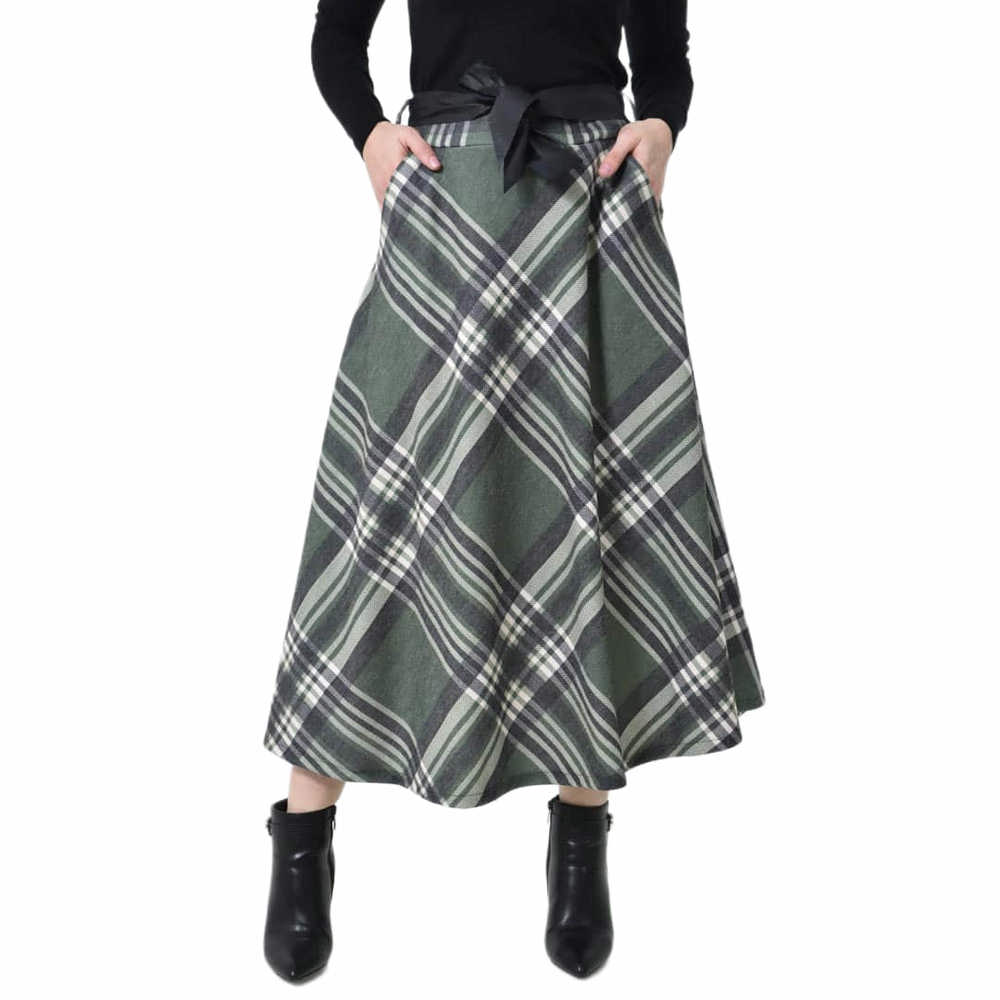 Ψηλόμεση Midi Καρό Φούστα με Τσέπες & Ζώνη Χακί 27220