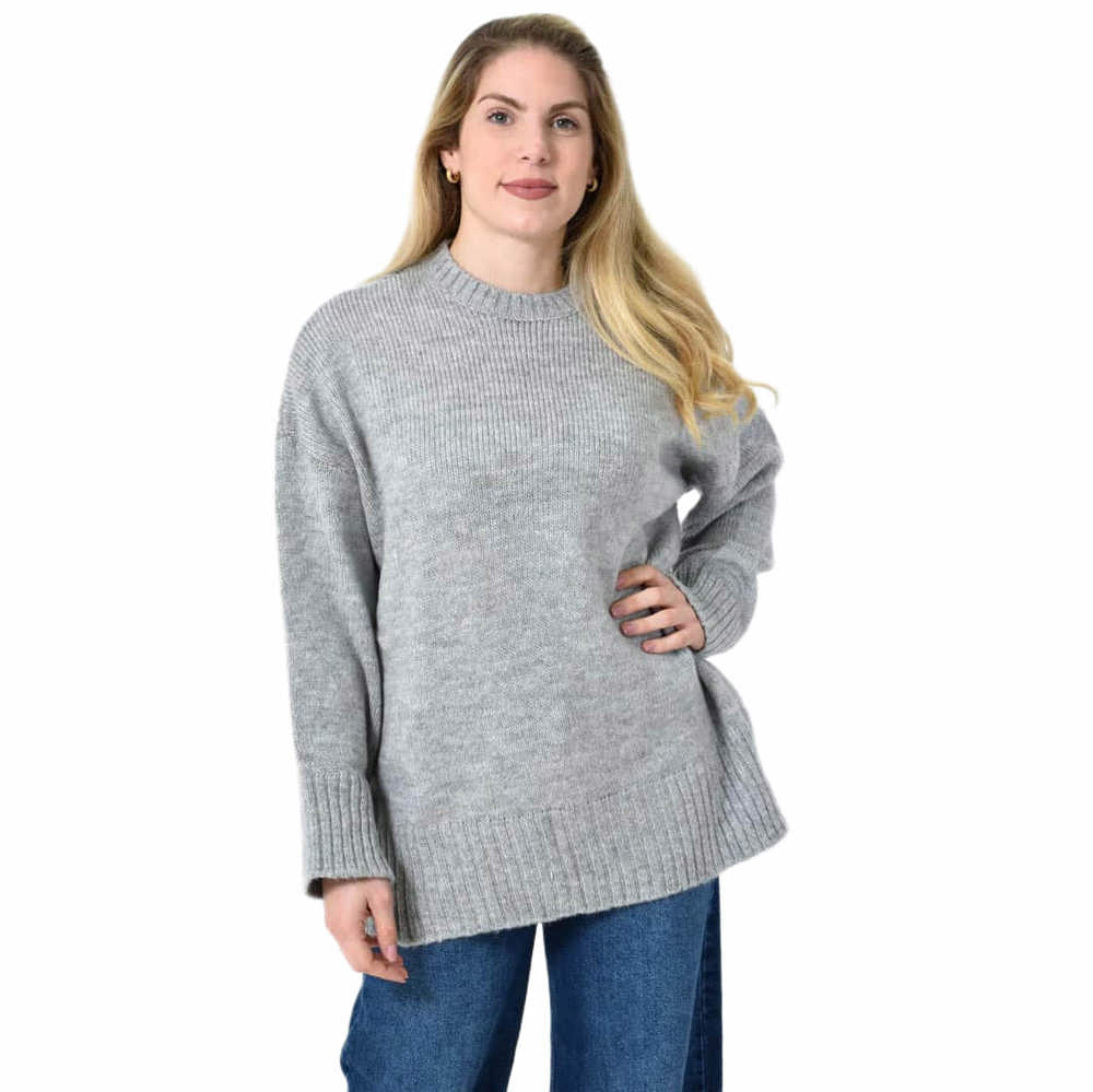 Oversized Πλεκτή Μπλούζα με Στρογγυλή Λαιμόκοψη & Ριμπ Λεπτομέρειες Γκρι 27302