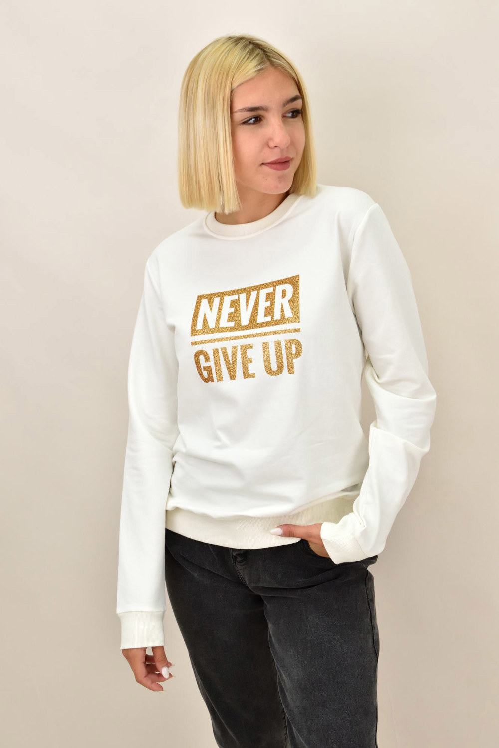 Βαμβακερό φούτερ με τύπωμα NEVER GIVE UP Λευκό 17602 φωτογραφία