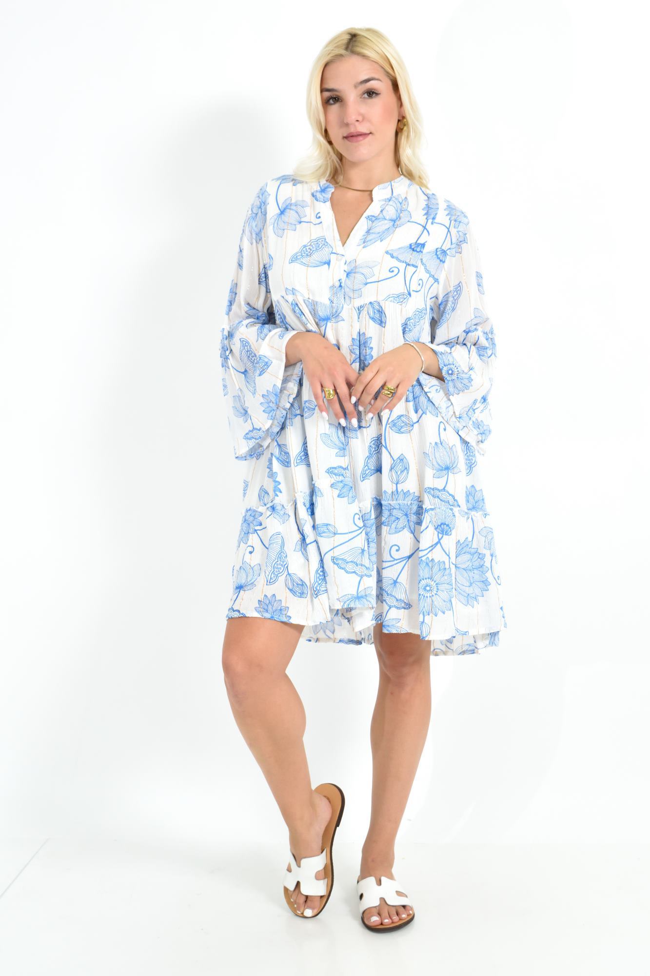 Κοντό Φόρεμα με Floral Print & Φαρδιά Μανίκια Μπλε 26690
