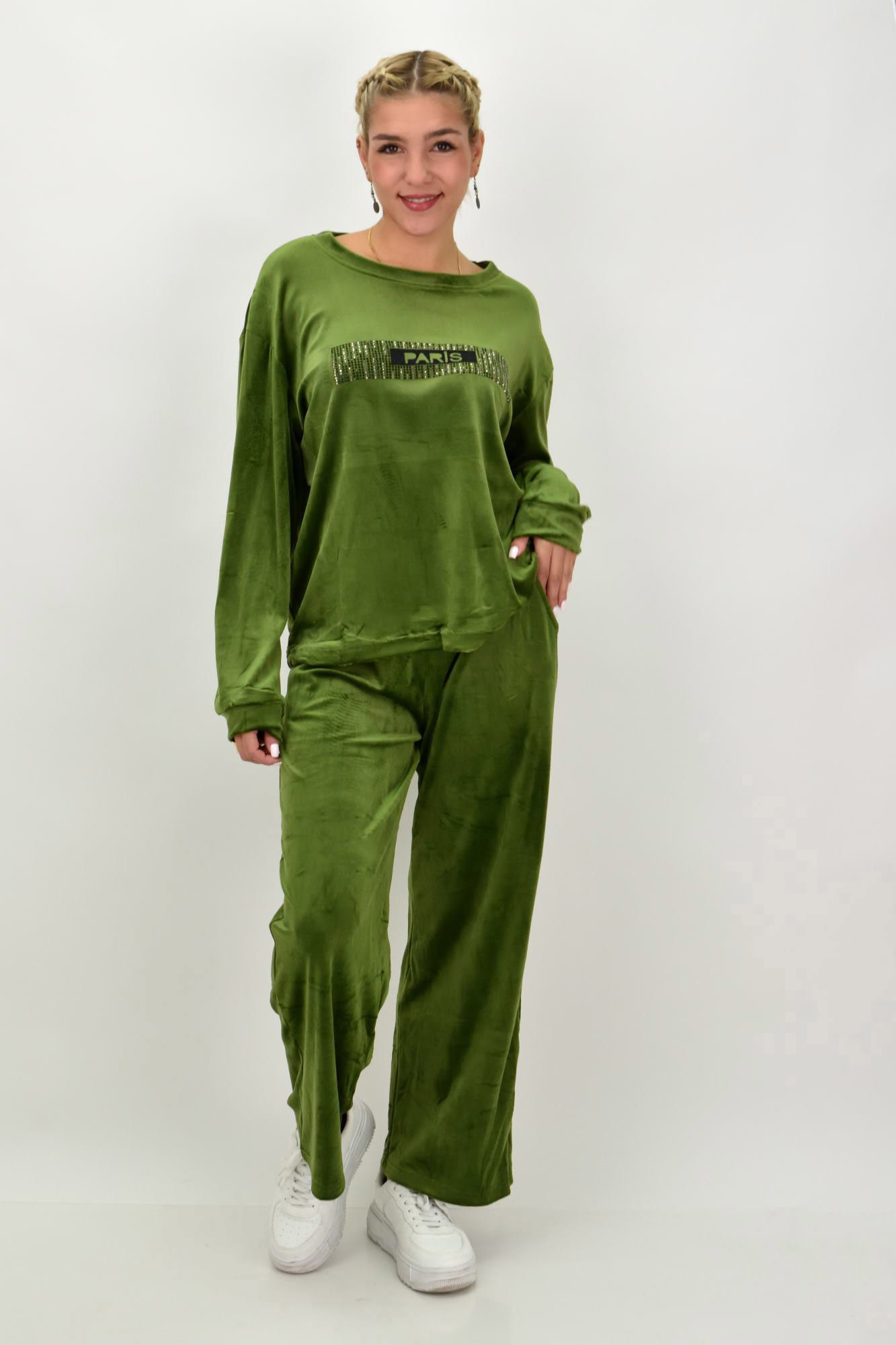 Γυναικείο σετ βελουτέ oversized με τύπωμα Λαδί 22051