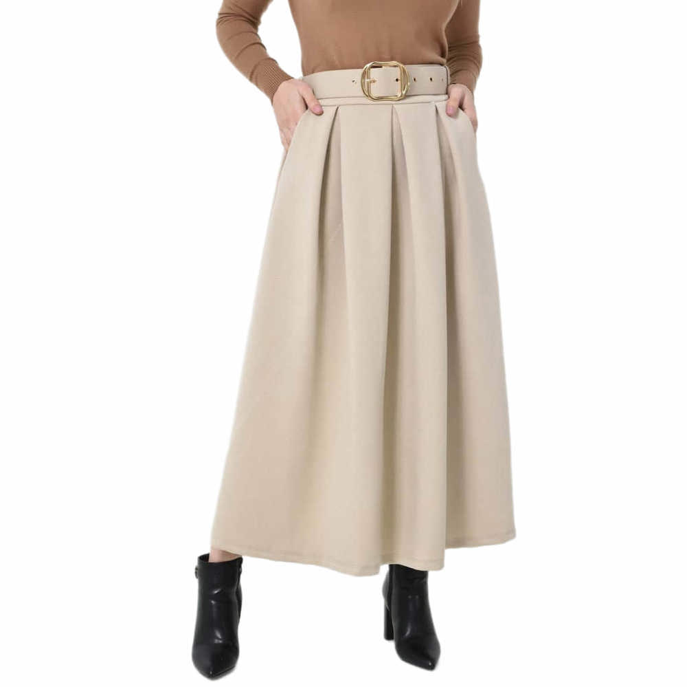 Ψηλόμεση Midi Φούστα με Πιέτες & Ζώνη Εκρού 27279