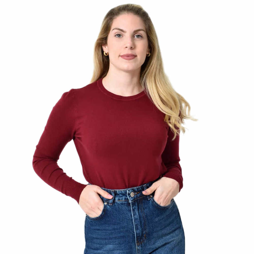 Πλεκτή Μπλούζα Ζέρσεϊ με Στρογγυλή Λαιμόκοψη Μπορντώ 27314