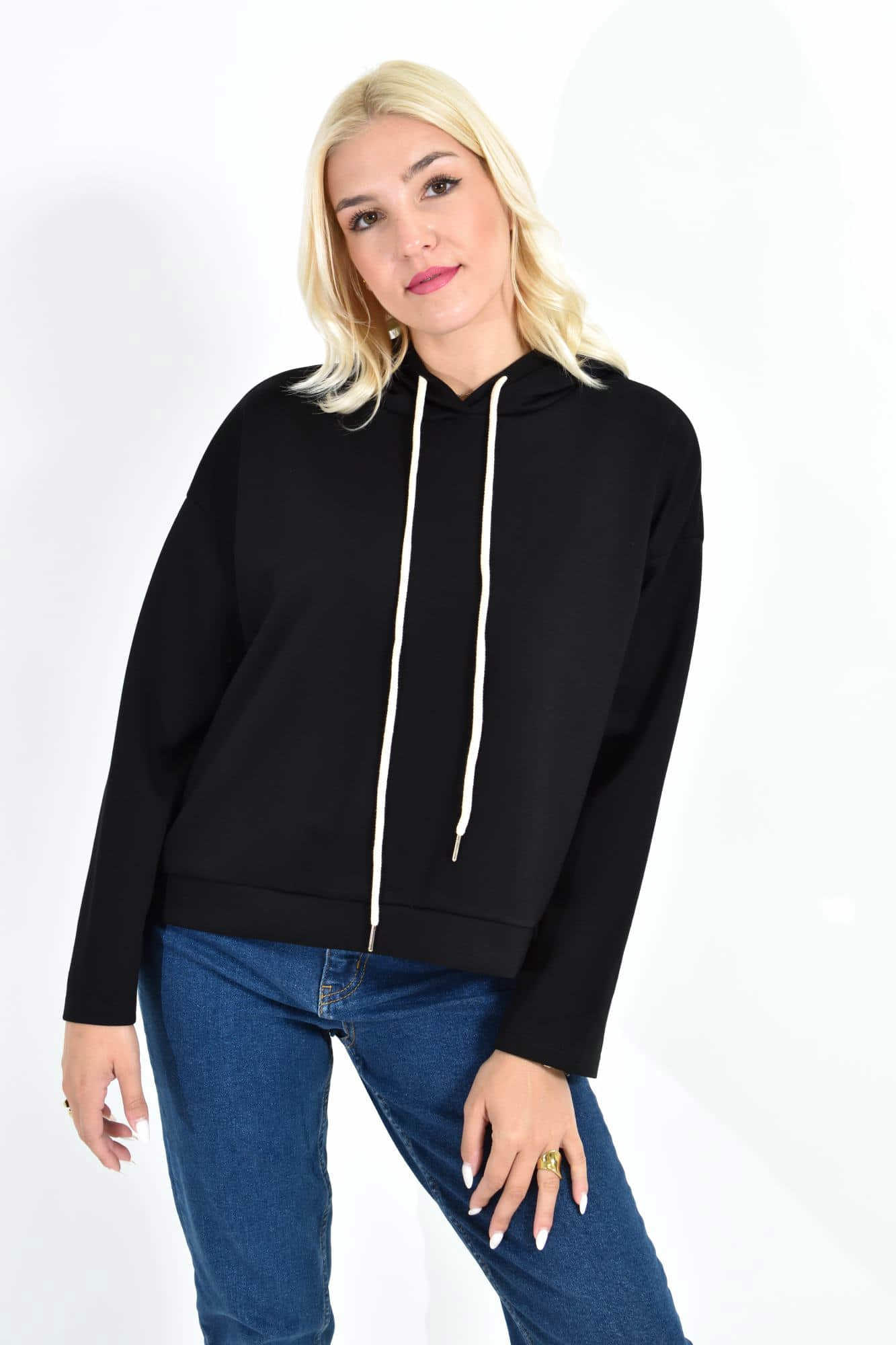 Γυναικείο Cropped Hoodie με εκρού Κορδόνια Μαύρο 27077