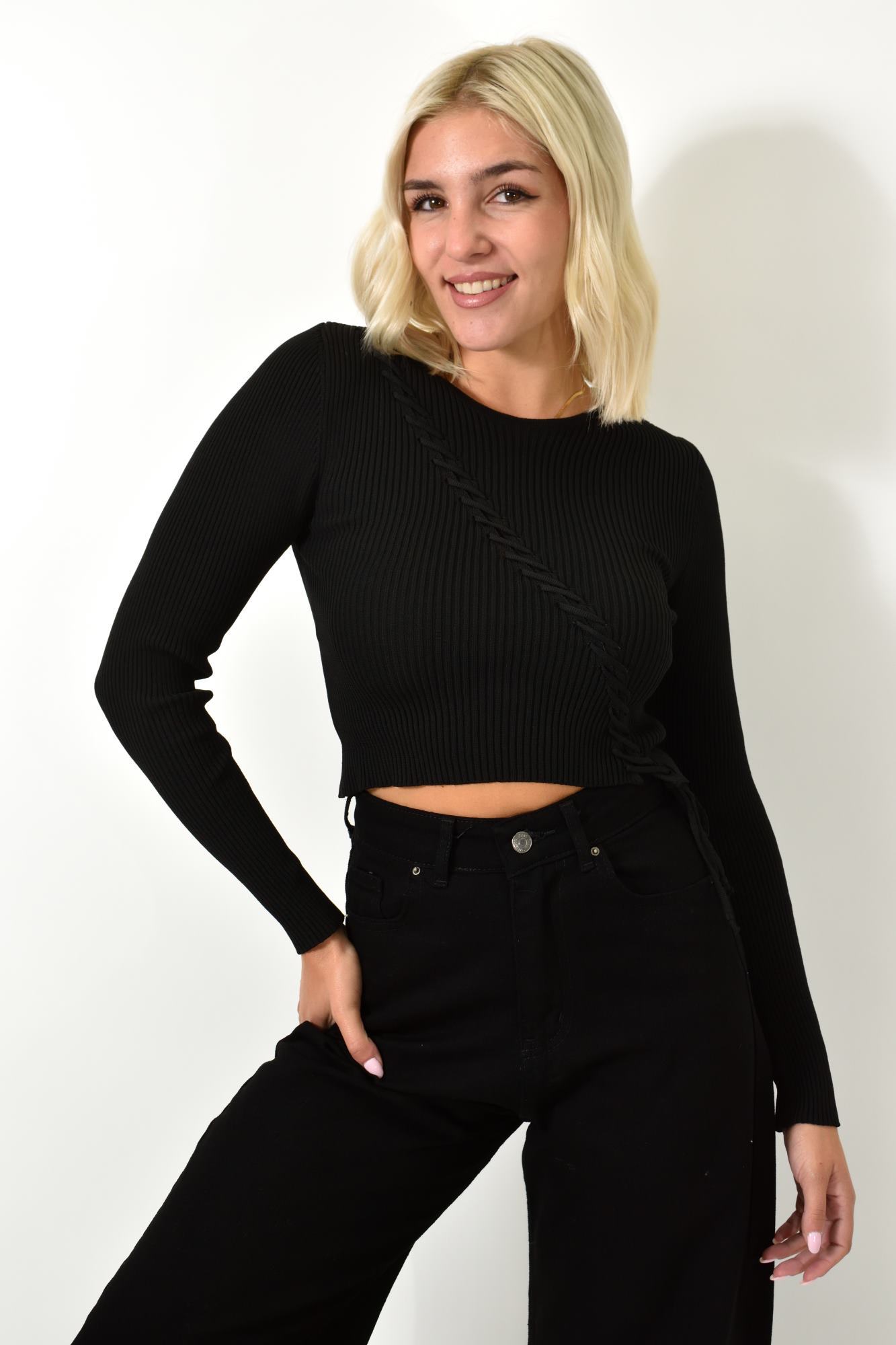 Γυναικείο πλεκτό crop top με σχέδιο πλεξουδάκι Μαύρο 25804