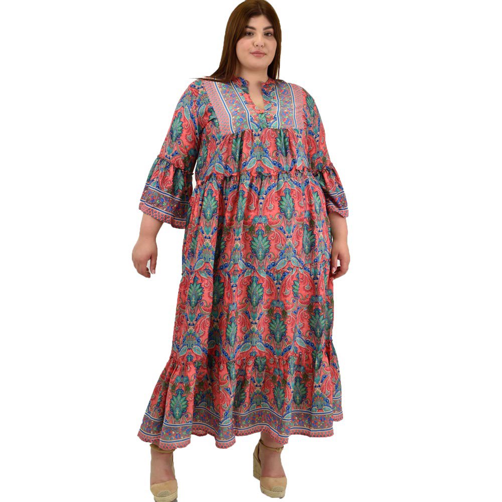 Γυναικείο μεταξωτό boho φόρεμα με σχέδιο βολάν Κοραλί 20047