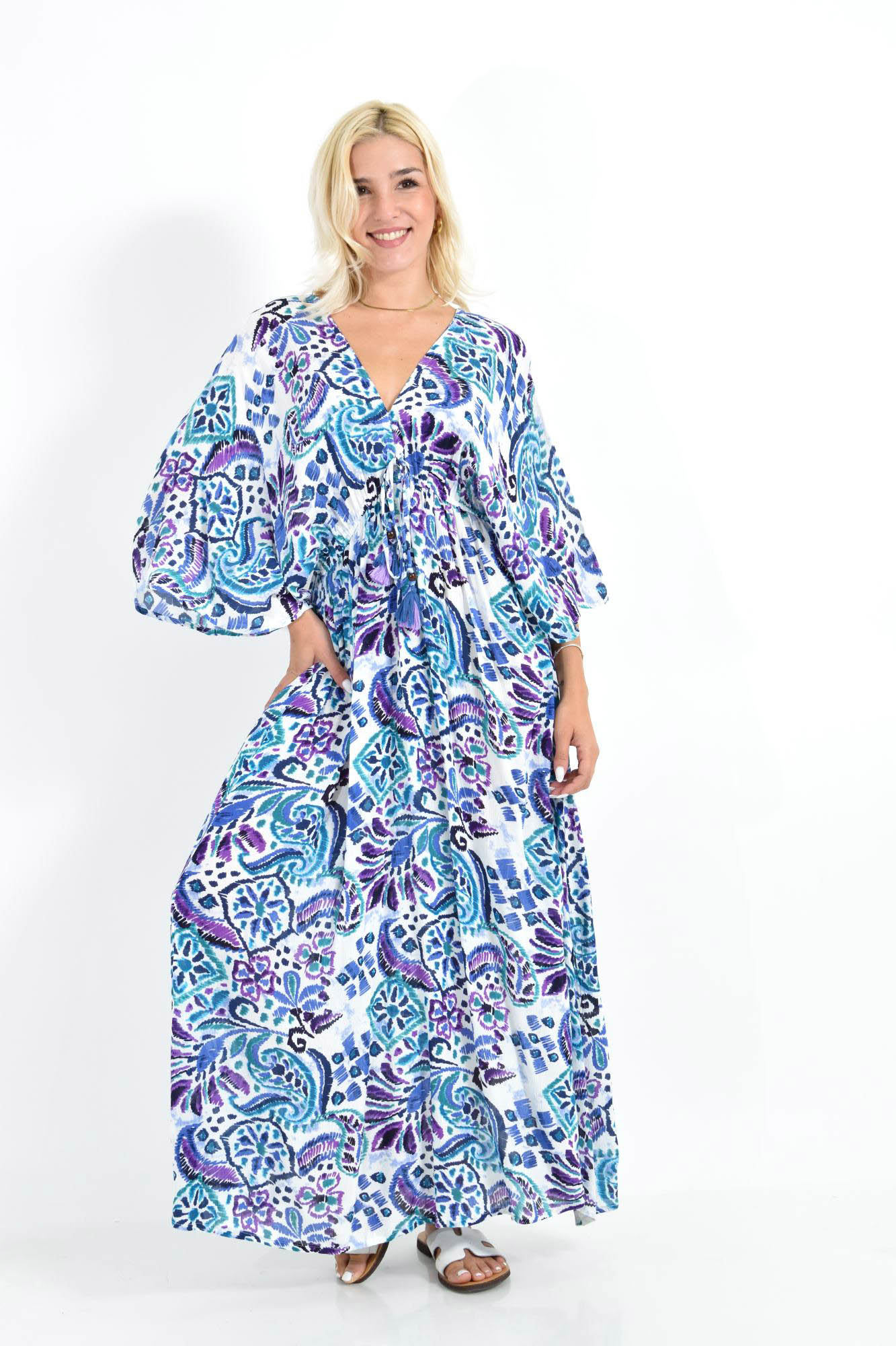 Boho Μάξι Φόρεμα με Ζωνάκι & Πολύχρωμο Μοτίβο Μπλε 26695