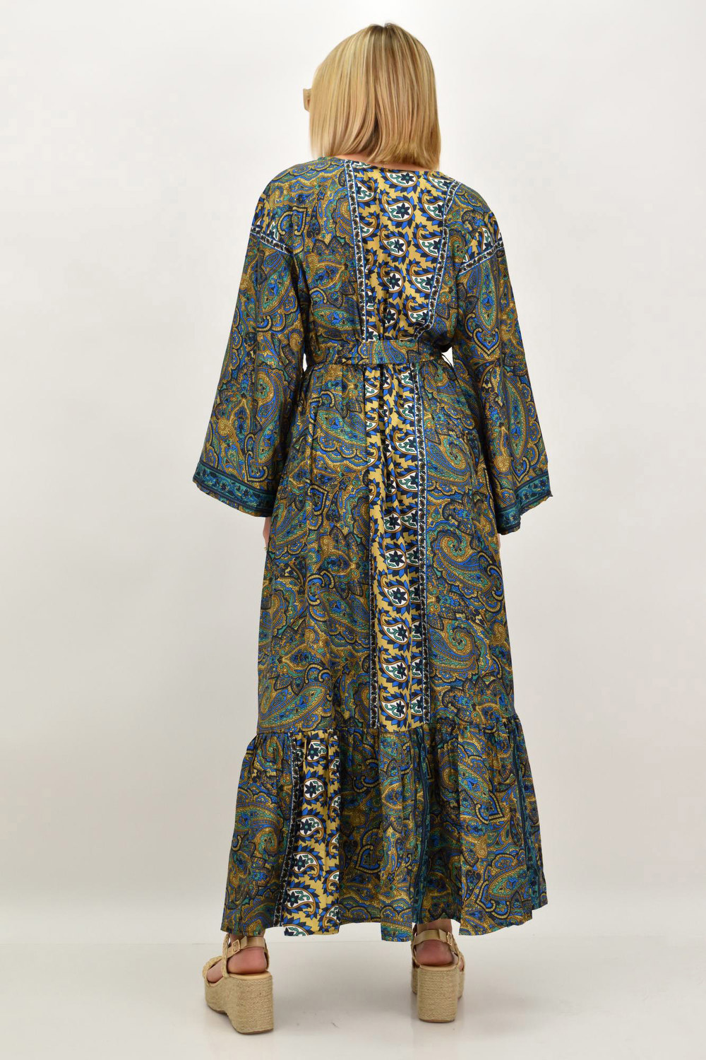 Γυναικείο μεταξωτό boho φόρεμα με ζώνη Μπεζ 20473 φωτογραφία