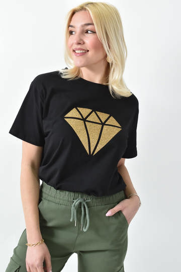  - Γυναικείο t-shirt με χρυσό τύπωμα διαμάντι και στρογγυλή λαιμόκοψη σε μαύρο