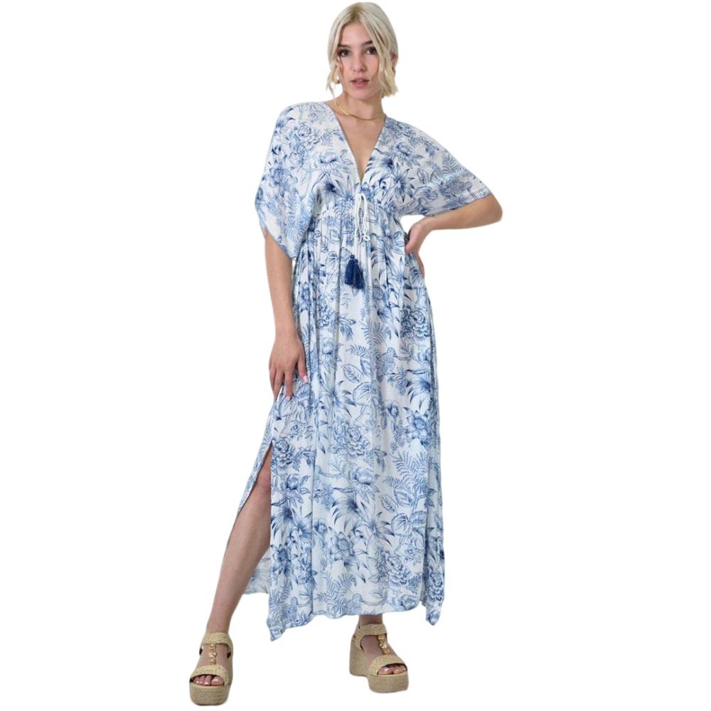 Μακρύ φλοράλ φόρεμα με κορδόνια Μπλε 24531