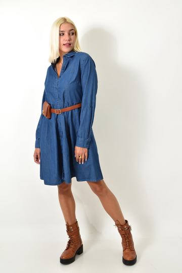 Γυναικείο φόρεμα σεμιζιέ μπλε τζιν με αποσπώμενη ζώνη