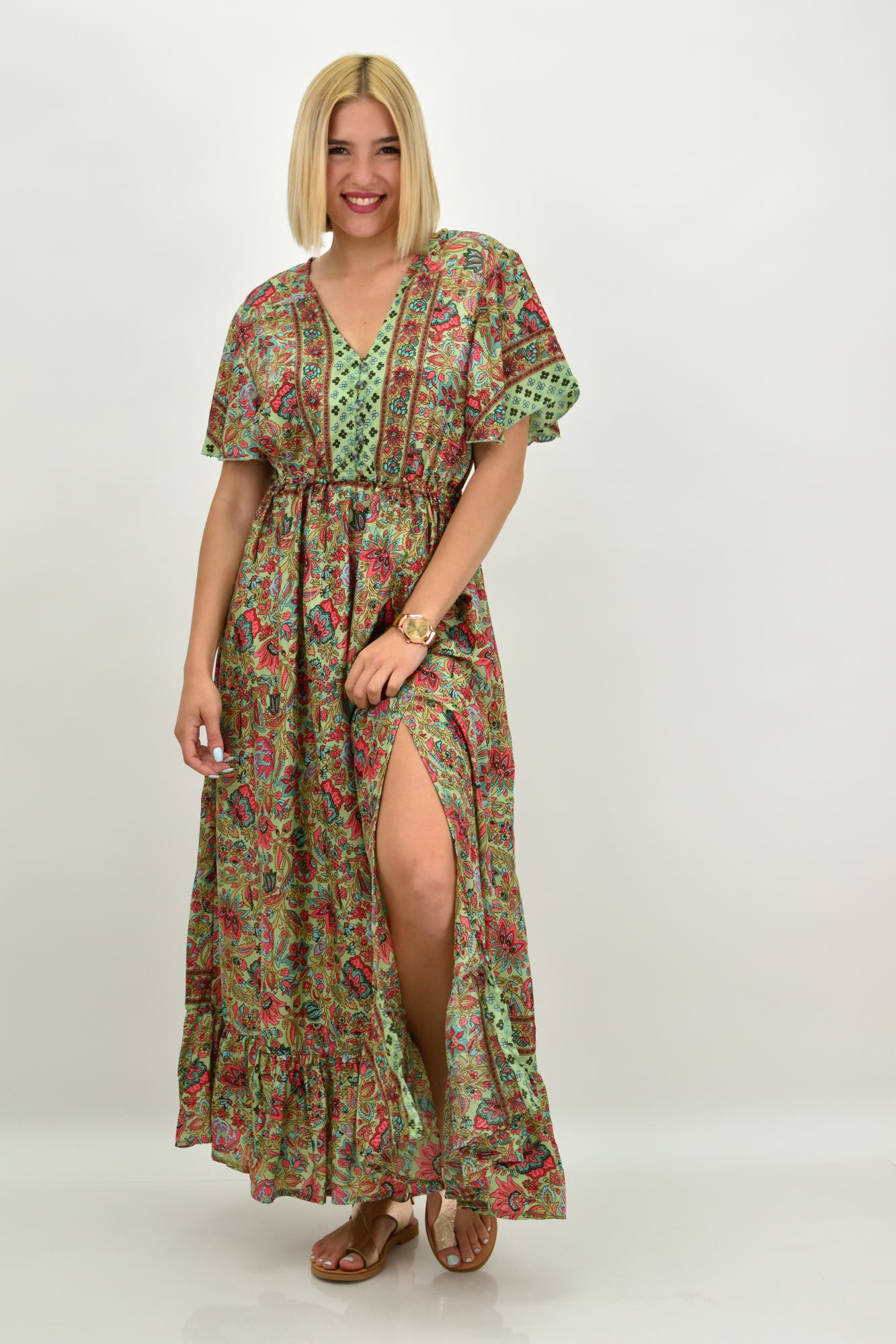 Γυναικείο μεταξωτό boho φόρεμα με κουμπιά χωρίς ζώνη Λαδί 20923