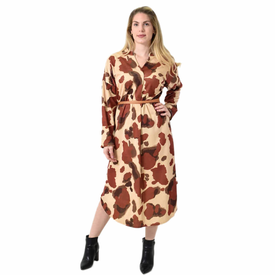 Midi Σεμιζιέ Φόρεμα Abstract Animal Print - Άνετη Γραμμή Κεραμιδί 27288