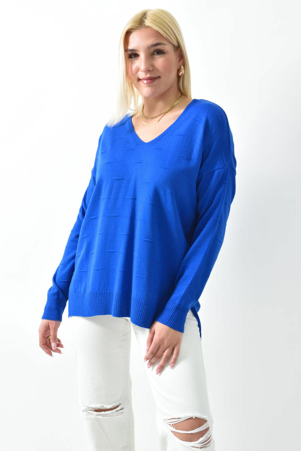 Πλεκτή μπλούζα oversized με 3d σχέδιο Μπλε Ρουά 26234 φωτογραφία