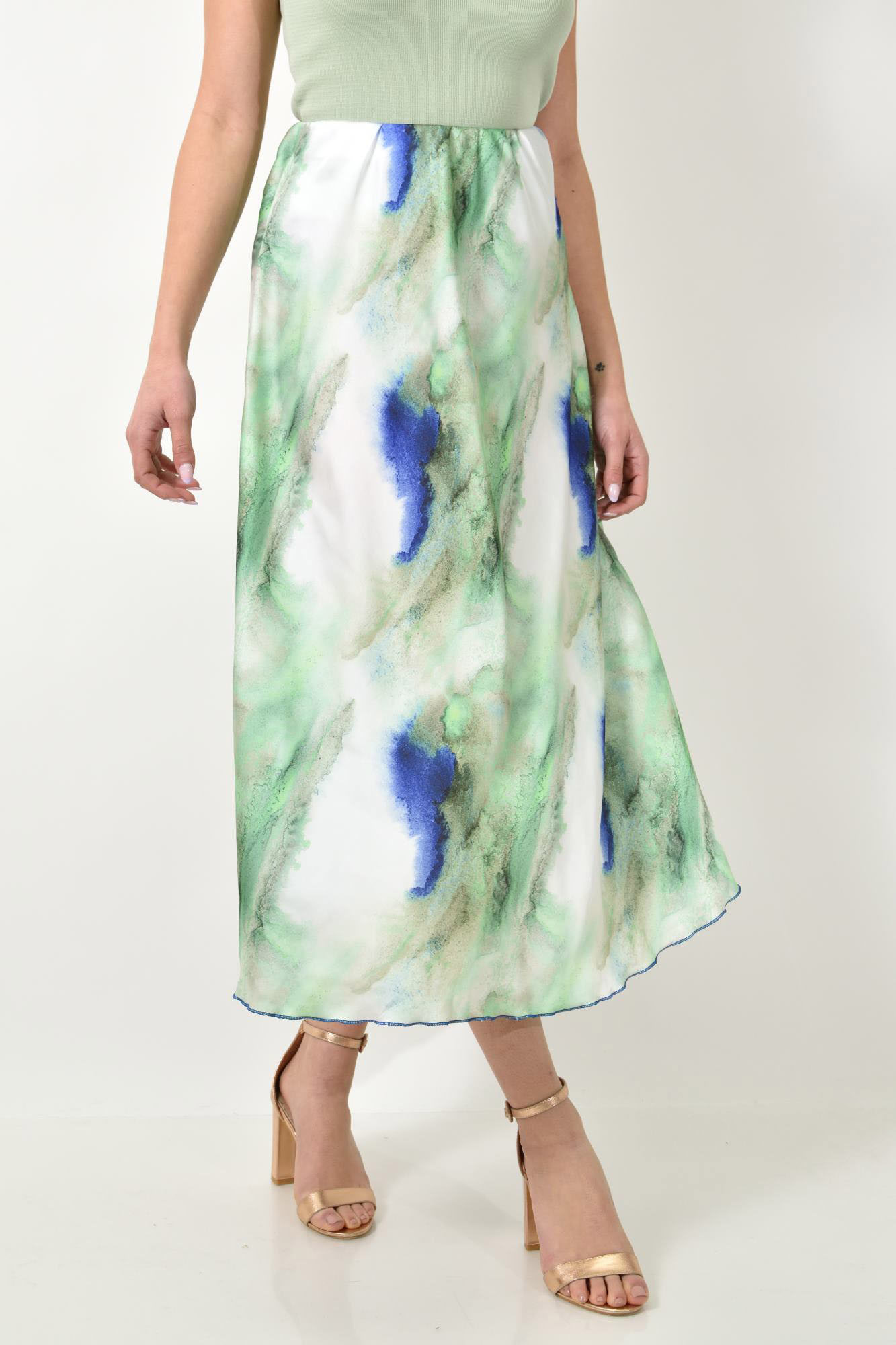 Midi φούστα σατέν tie dye Πράσινο 23528