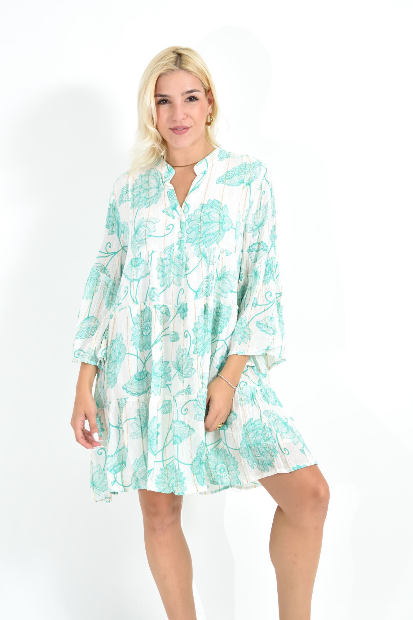 Κοντό Φόρεμα με Floral Print & Φαρδιά Μανίκια Βεραμάν 26689