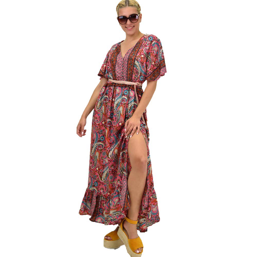 Γυναικείο μεταξωτό boho φόρεμα με κουμπιά χωρίς ζώνη Ροζ 21162