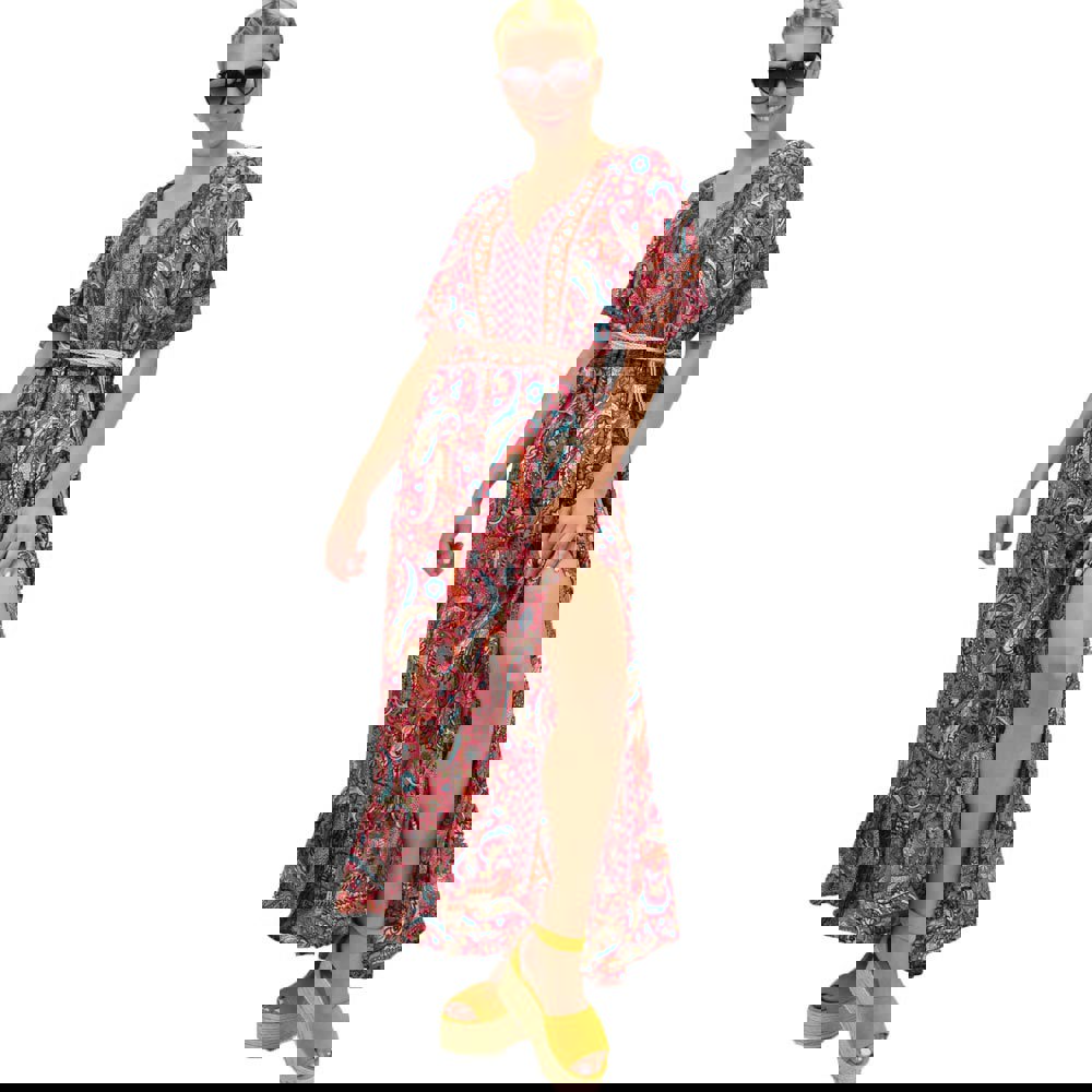 Γυναικείο μεταξωτό boho φόρεμα με κουμπιά χωρίς ζώνη Ροζ 21162