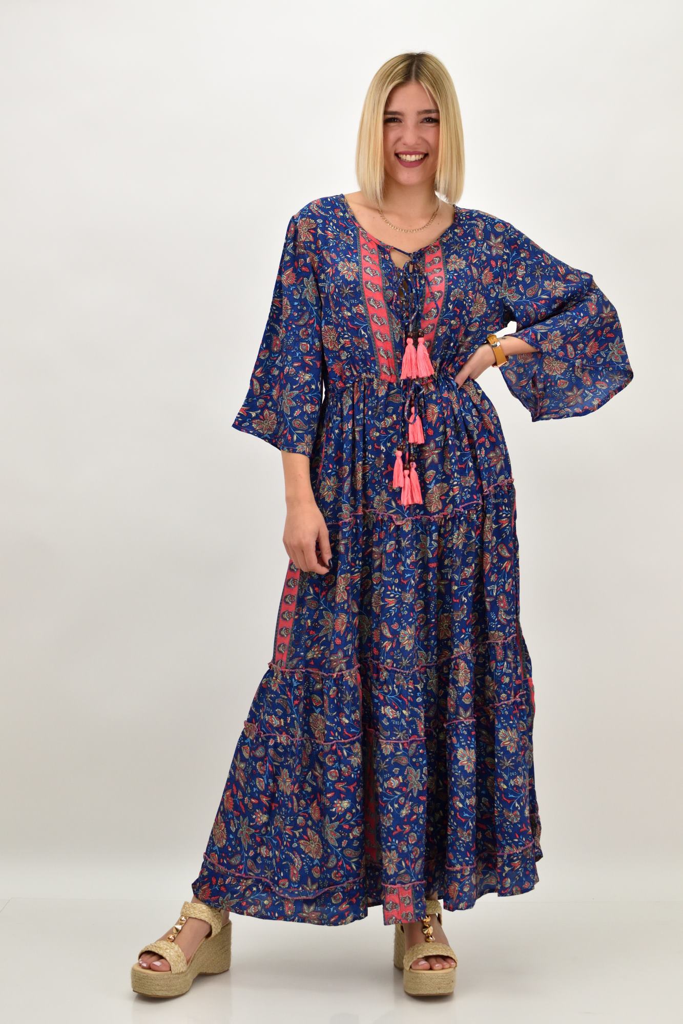 Γυναικείο μεταξωτό boho φόρεμα με βολάν Μπλε Σκούρο 20540