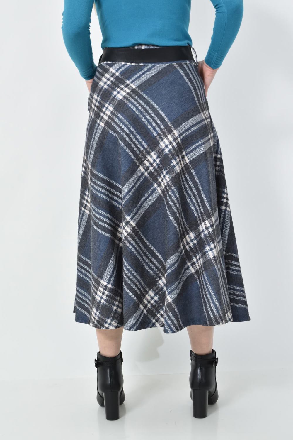 Ψηλόμεση Midi Καρό Φούστα με Τσέπες & Ζώνη Μπλε Σκούρο 27219 φωτογραφία