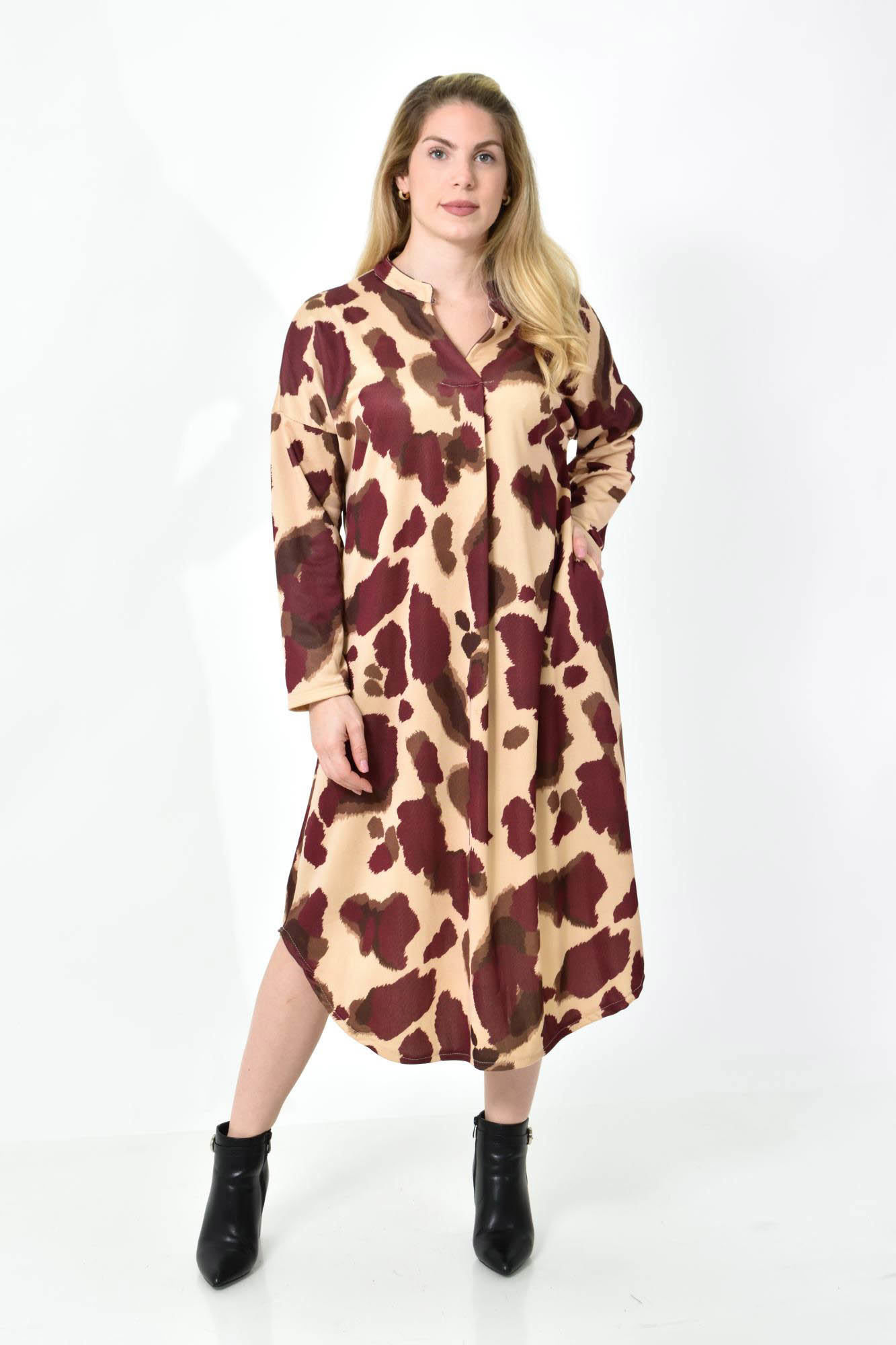 Midi Σεμιζιέ Φόρεμα Abstract Animal Print - Άνετη Γραμμή Μπορντώ 27287