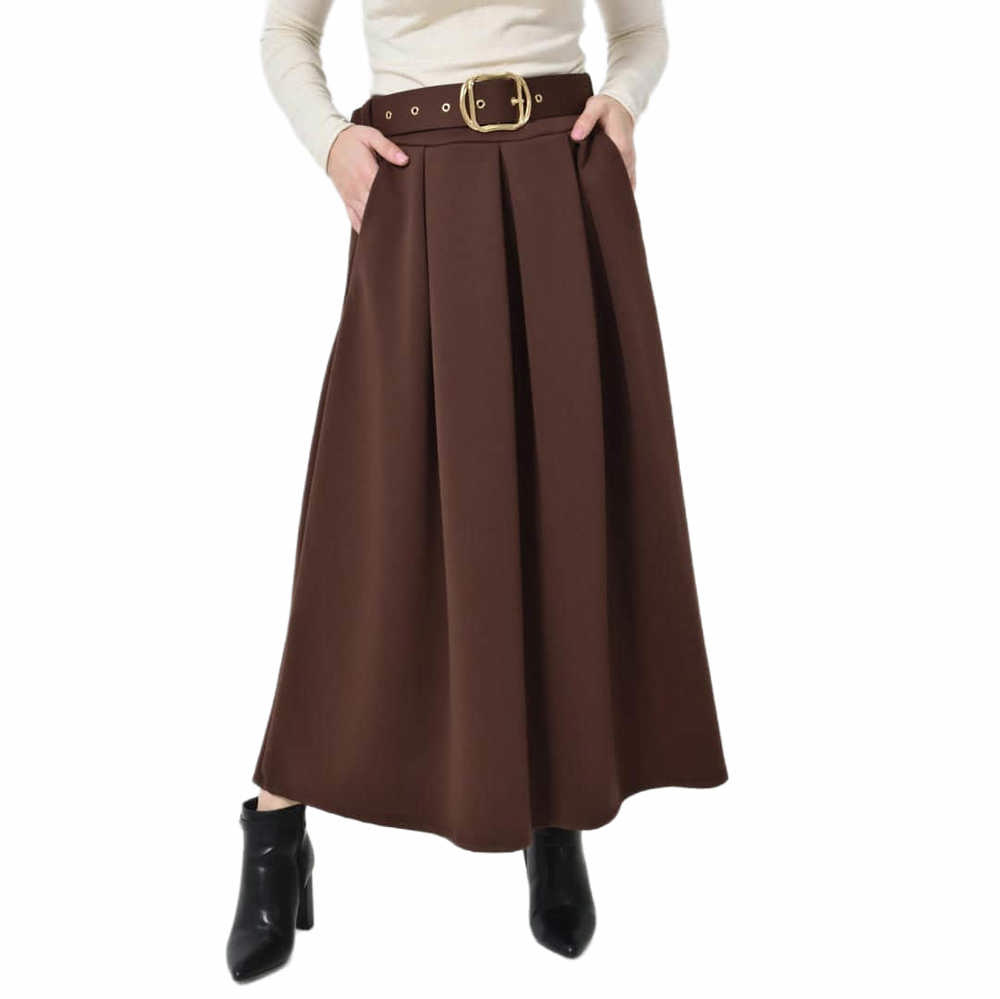 Ψηλόμεση Midi Φούστα με Πιέτες & Ζώνη Καφέ 27282