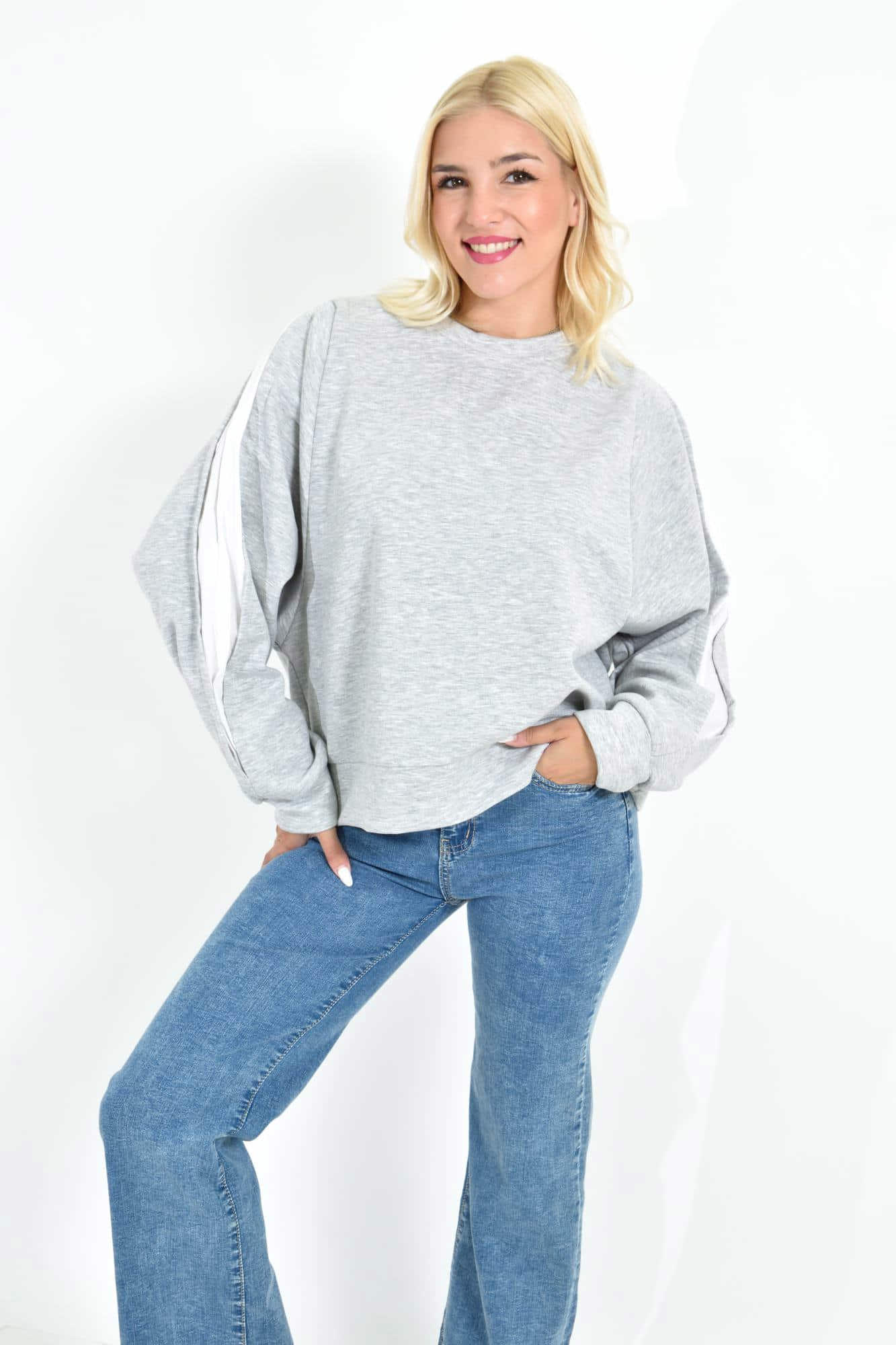 Oversized Φούτερ Μπλούζα με Φουσκωτά Μανίκια Γκρι 27051