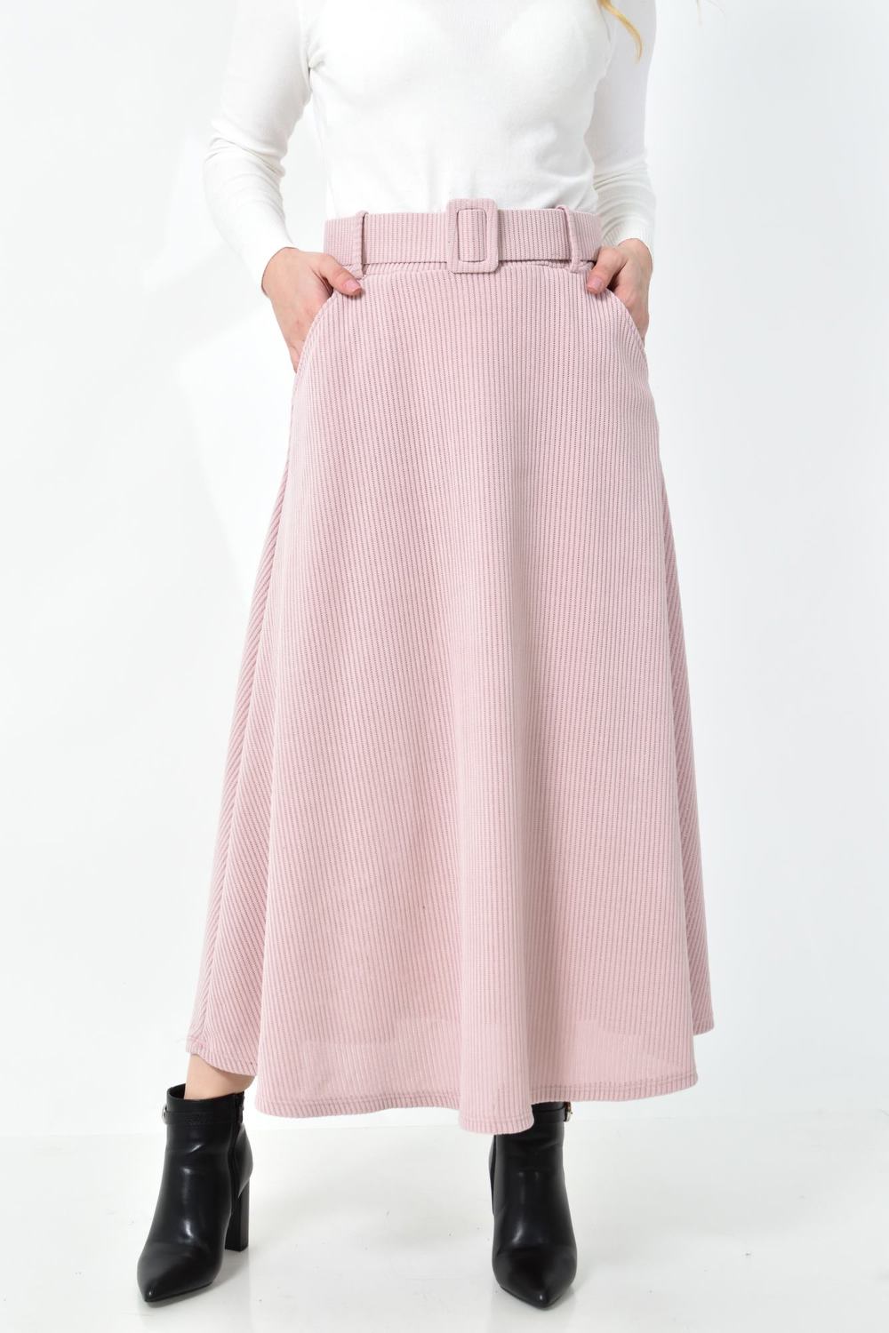 Γυναικεία φούστα κοτλέ με ζώνη Απαλό Ροζ 27335 φωτογραφία