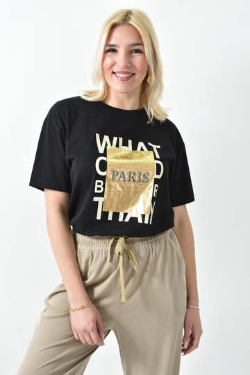 - T-shirt με μεταλιζέ πλαίσιο PARIS σε μαύρο