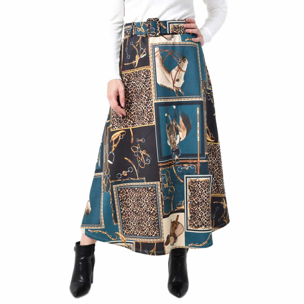 Potre OR Ψηλόμεση Midi Φούστα Εβαζέ με Ασορτί Ζώνη Πετρόλ 27256