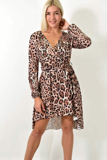 Animal print κρουαζέ φόρεμα με ζώνη και V λαιμόκοψη σε καφέ