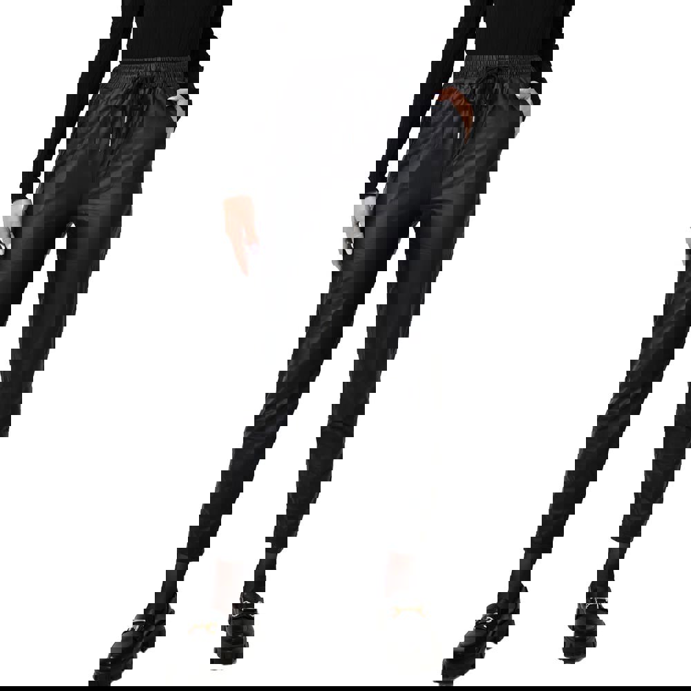 Γυναικείο δερματίνη παντελόνι με κορδόνι Μαύρο 22569