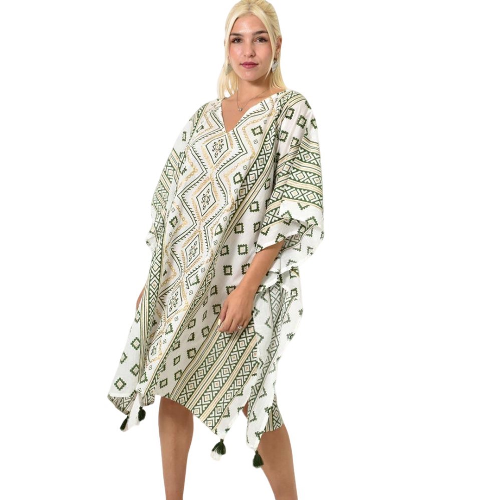 Γυναικείο καφτάνι με γεωμετρικά σχέδια Χακί 25306