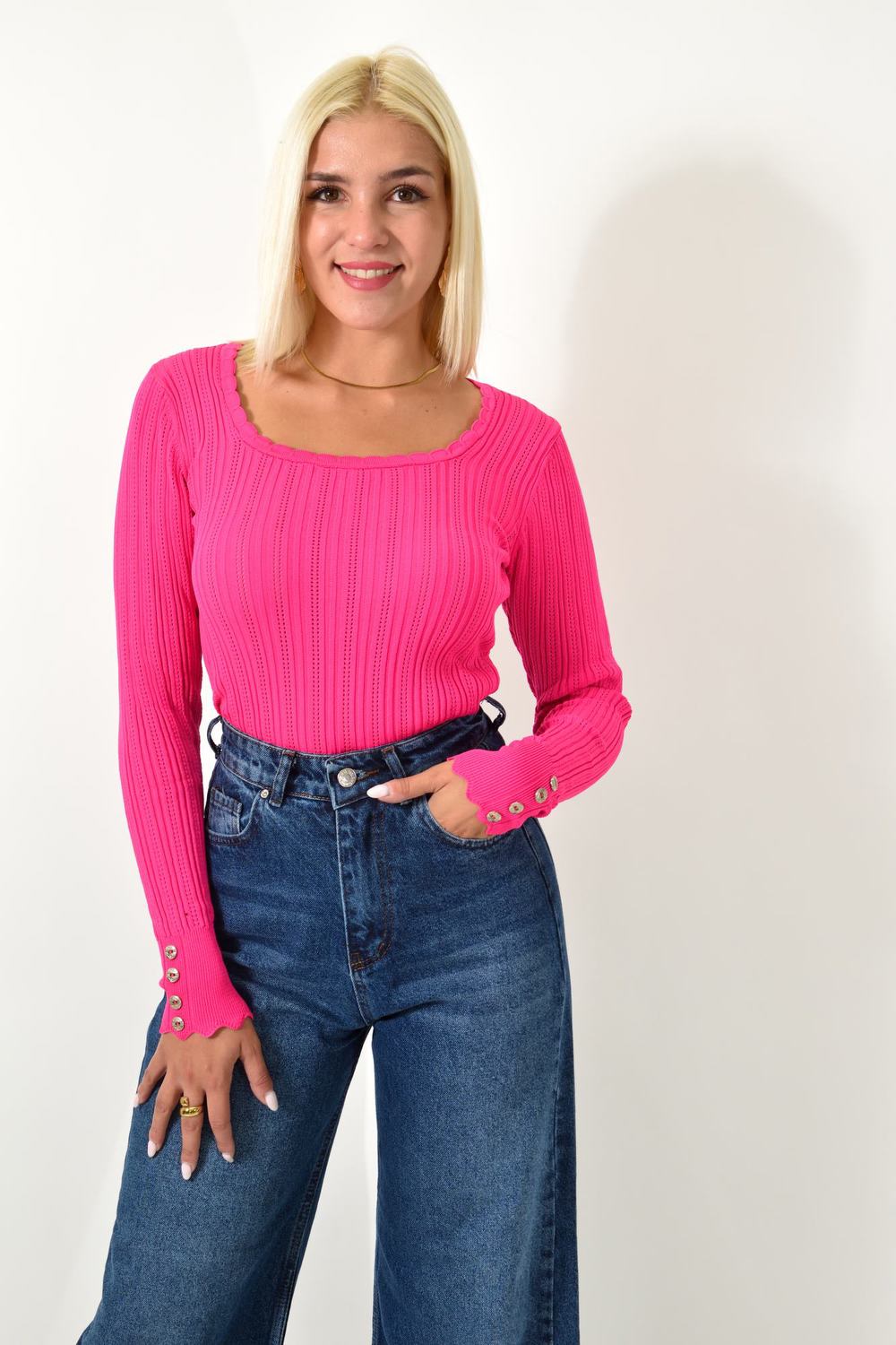 Πλεκτό τοπ POINTELLE με κουμπιά Φούξια 25696 φωτογραφία