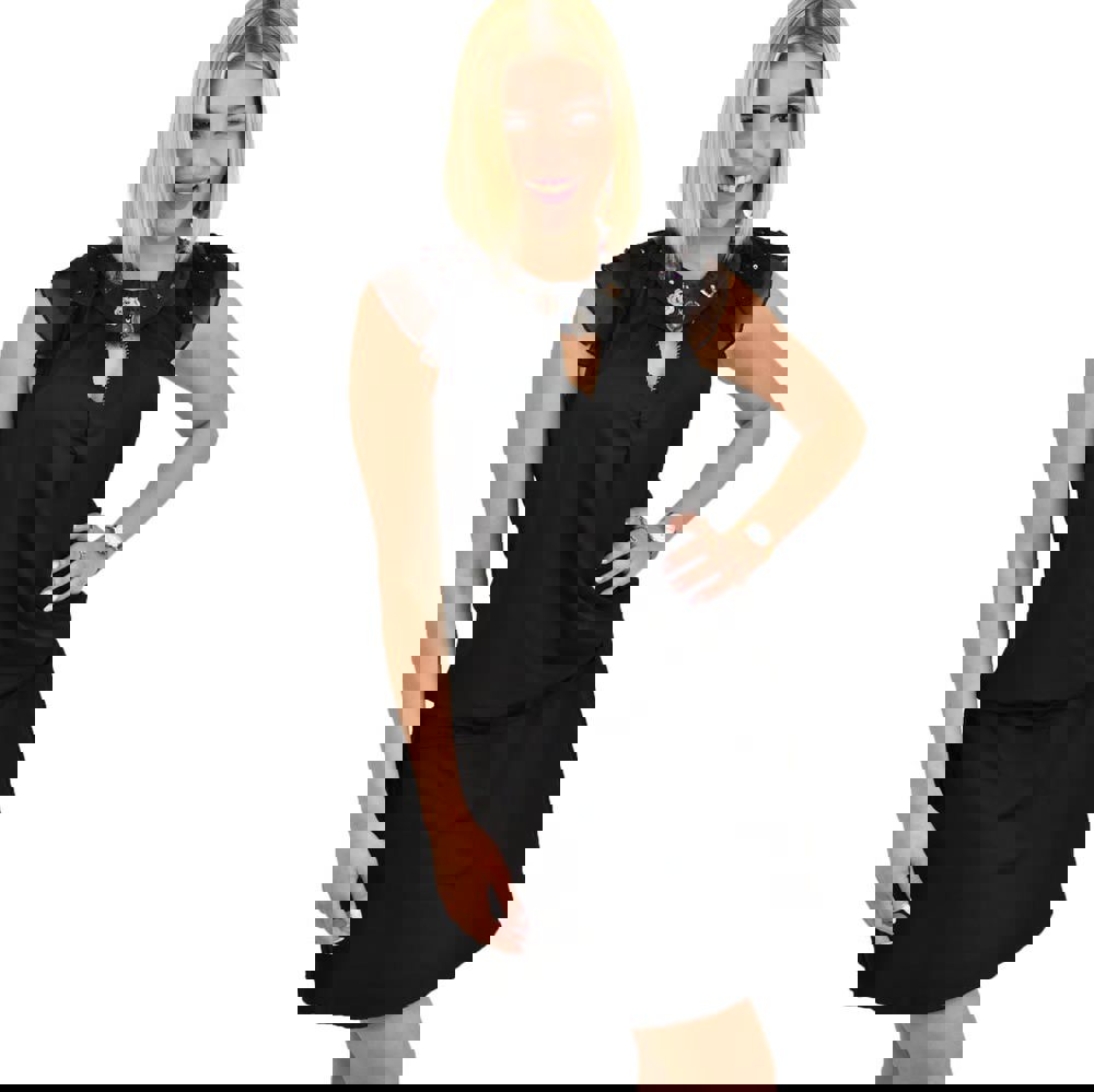 Γυναικείο φόρεμα midi με δερμάτινες λεπτομέρειες και κεντητό σχέδιο Μαύρο 19822