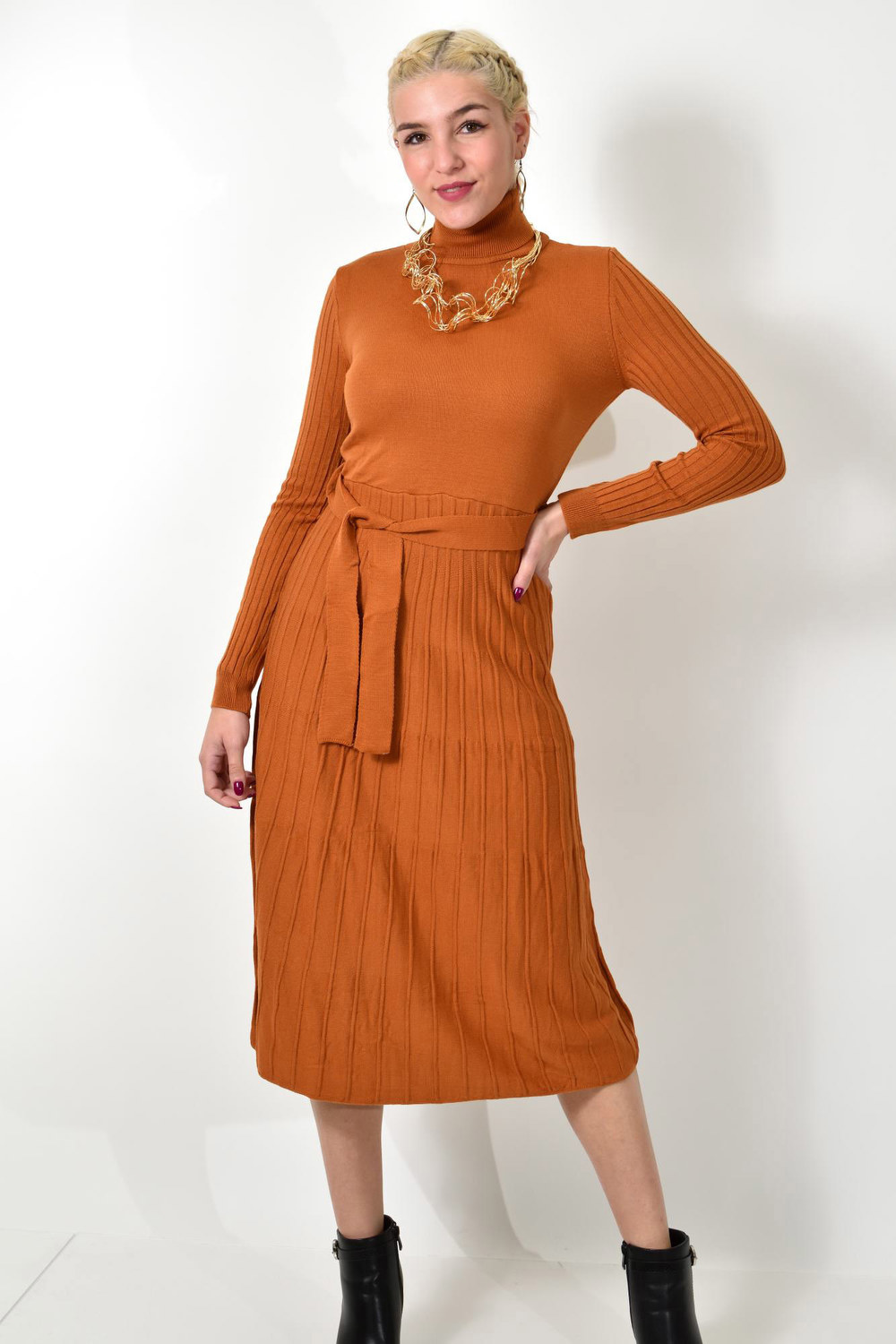 Πλεκτό φόρεμα midi με πλισέ σχέδιο Κανελί 9143 φωτογραφία