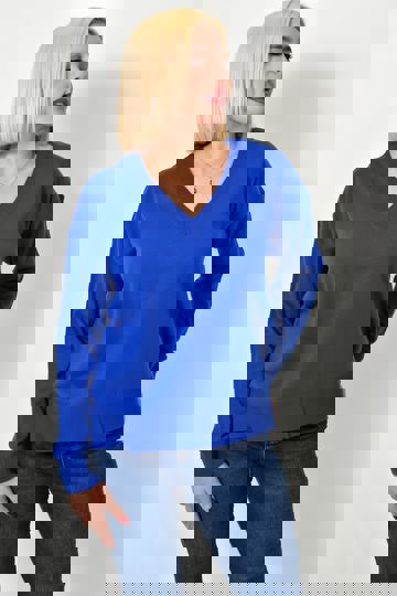  - Γυναικείο μακρύ πλεκτό μπλουζάκι, με V λαιμόκοψη και μακριά μανίκια σε μπλε ρουά