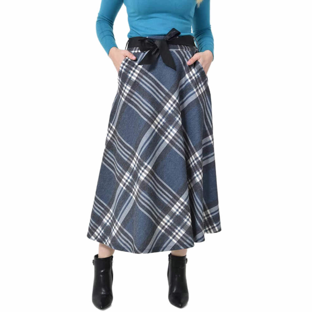Potre OR Ψηλόμεση Midi Καρό Φούστα με Τσέπες & Ζώνη Μπλε Σκούρο 27219
