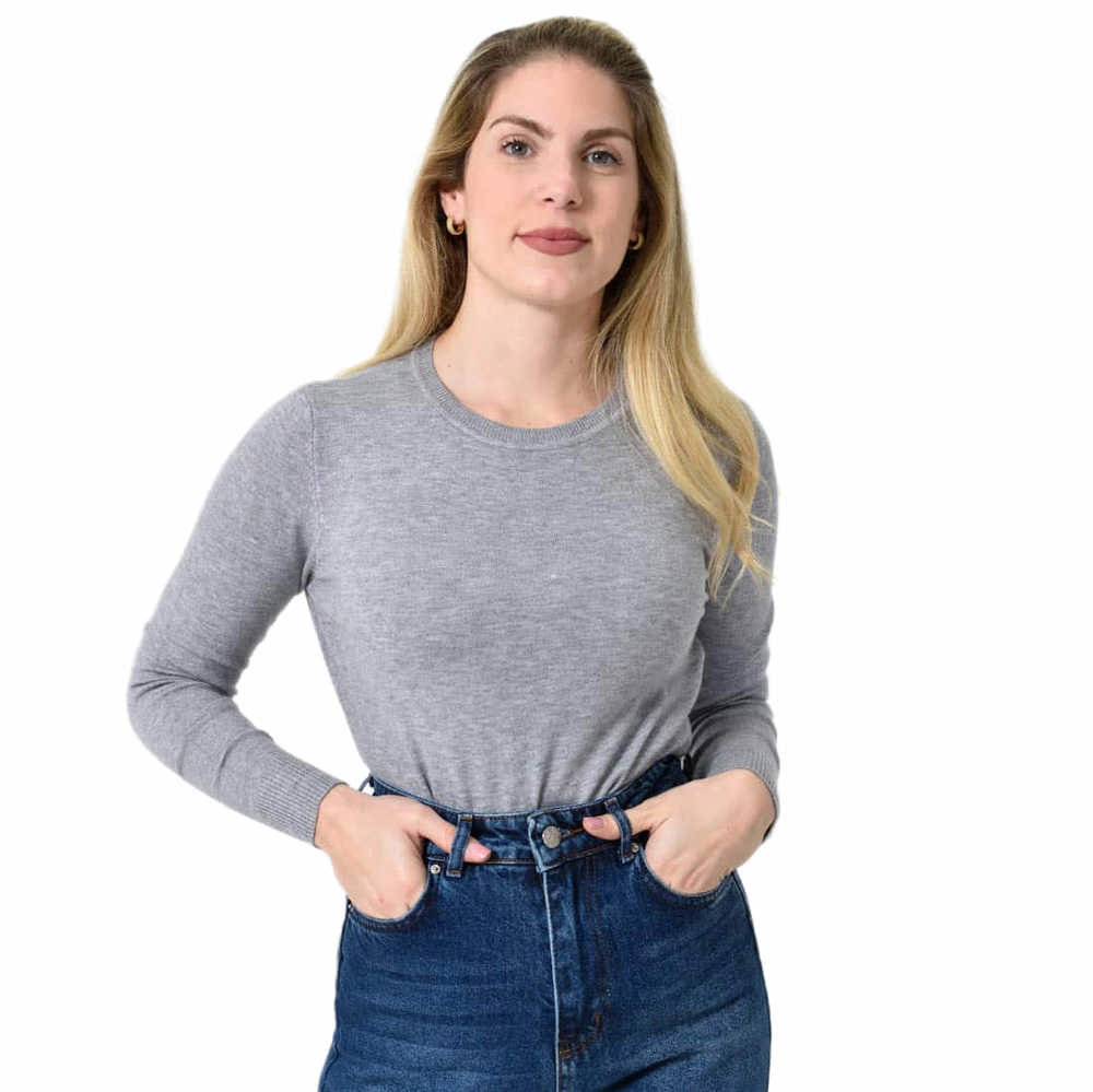 Πλεκτή Μπλούζα Ζέρσεϊ με Στρογγυλή Λαιμόκοψη Γκρι 27317