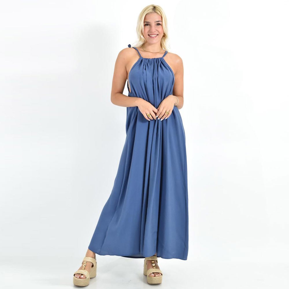 Μονόχρωμο Αέρινο Μάξι Φόρεμα με Δέσιμο στον Ώμο Μπλε 26663