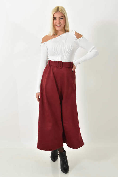 Μίντι σουέτ φούστα με ζώνη μπορντό