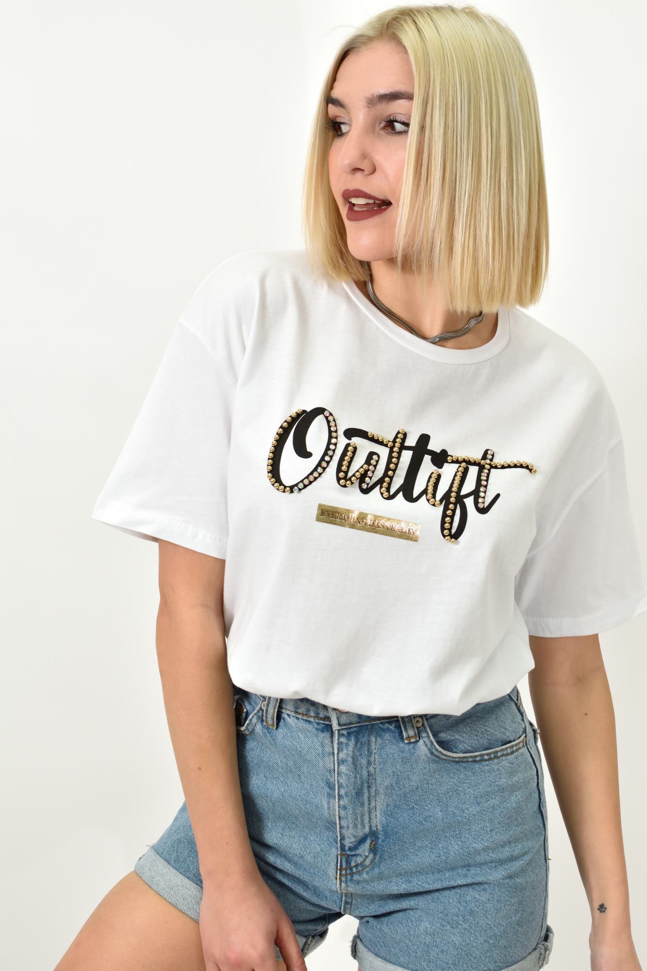 Γυναικείο T-shirt με σχέδιο και στρας Λευκό 23145