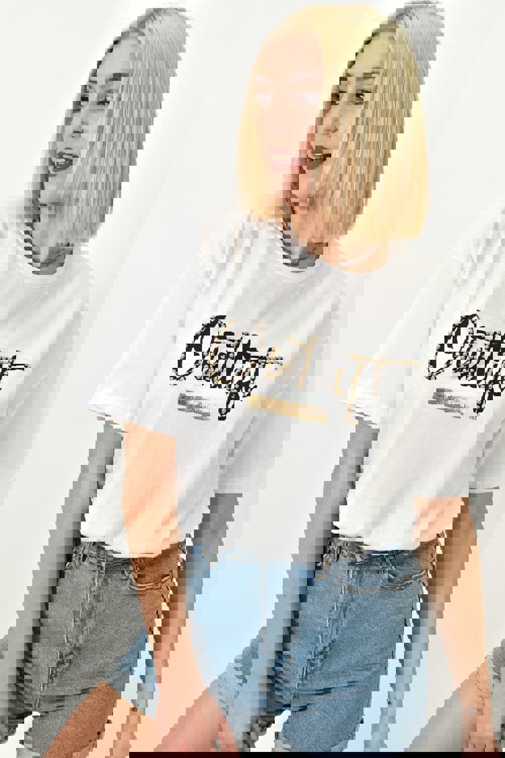 Γυναικείο T-shirt με σχέδιο και στρας Λευκό 23145 φωτογραφία