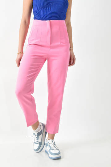  - Μονόχρωμο ψηλόμεσο παντελόνι με ραφές σε ροζ