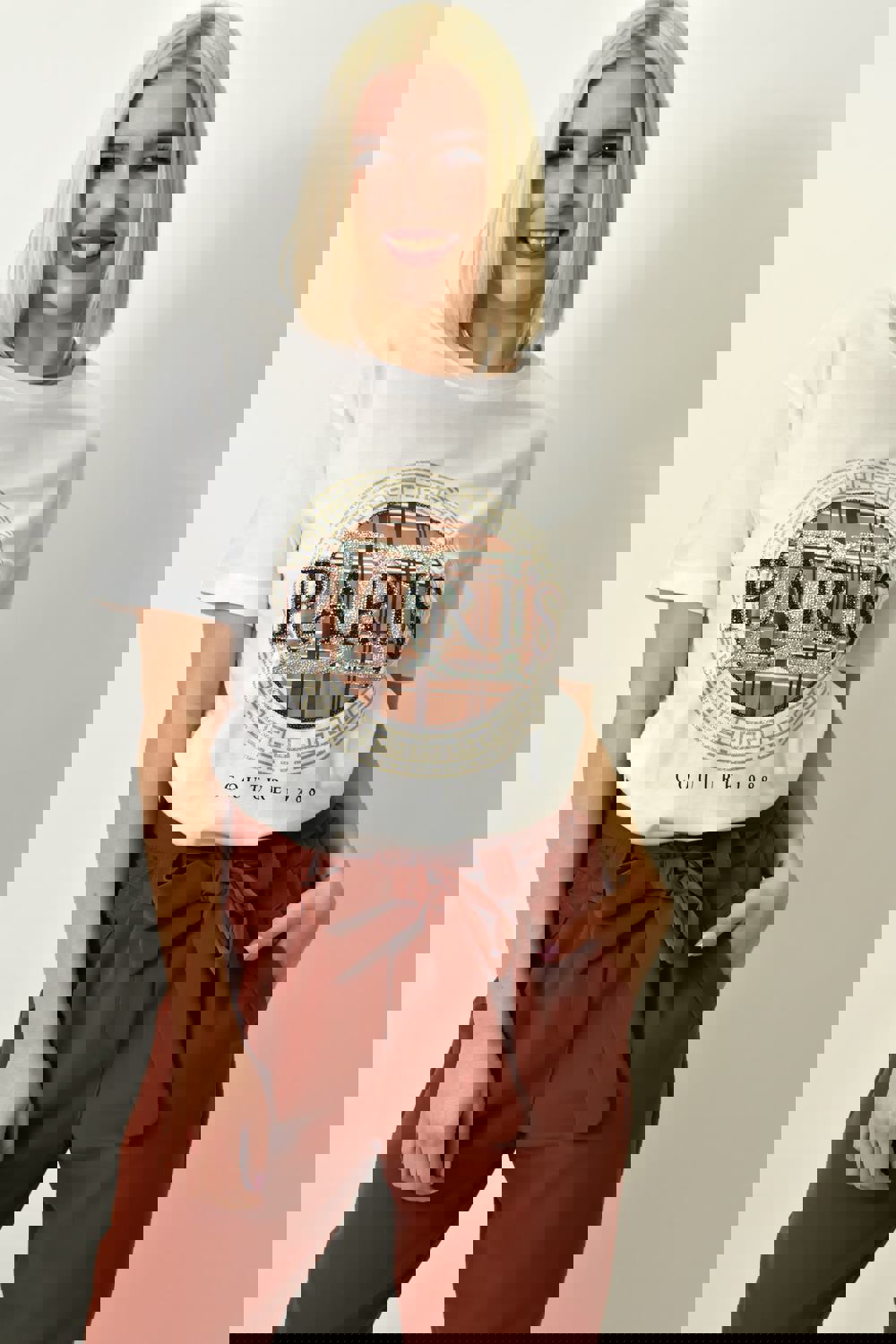 Γυναικείο T-shirt με σχέδιο και στρας PARIS Λευκό 23190 φωτογραφία